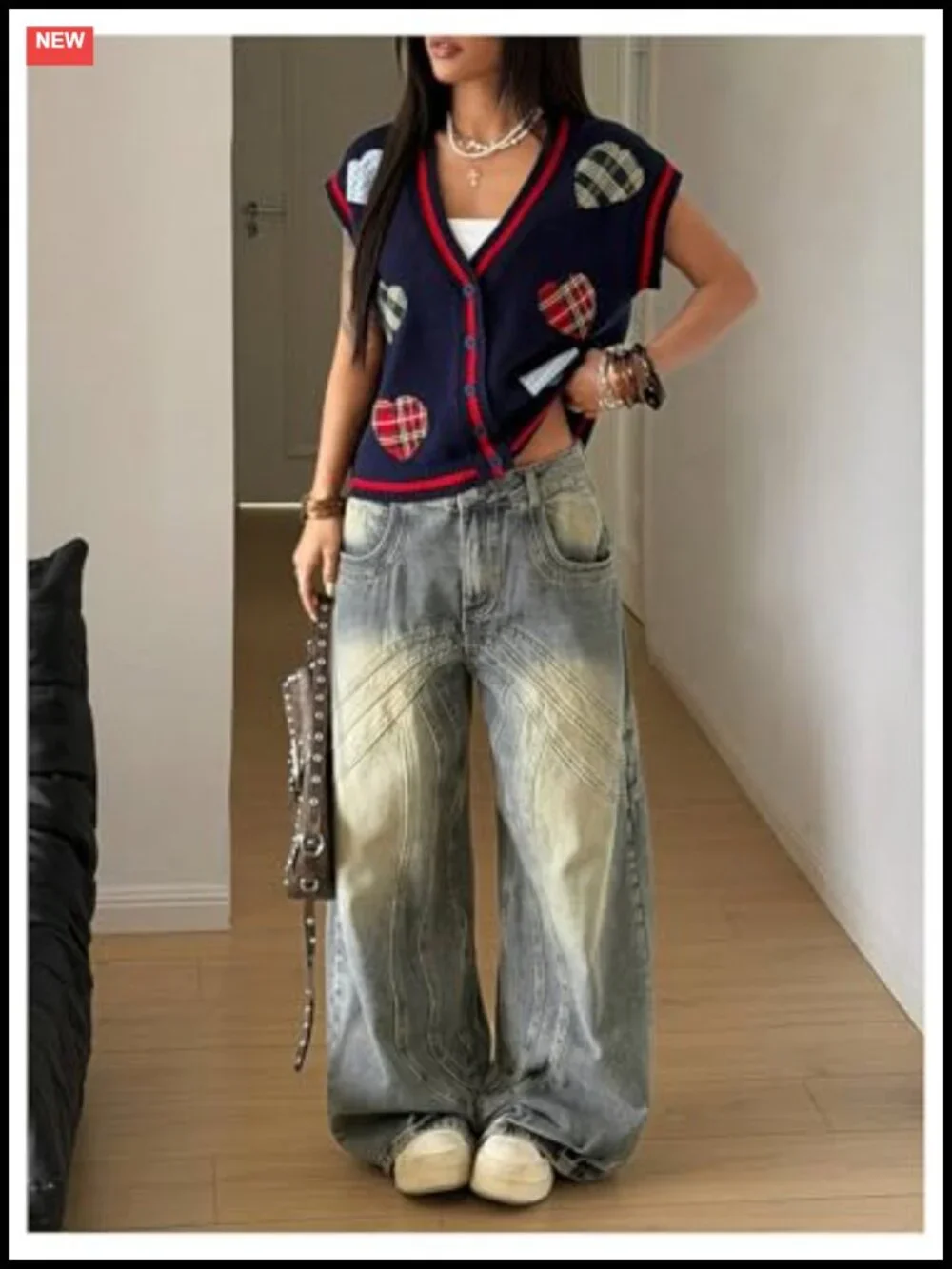 Women's V-Neck Sweater Vest with Heart Embroidery, Preppy Button-Front Short